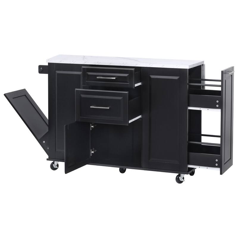 Retro Kitchen Island with Tilted Trash Can Cabinet, 2 Drawer Pull Out Cabinet Organizer and Folding Board, for Kitchen