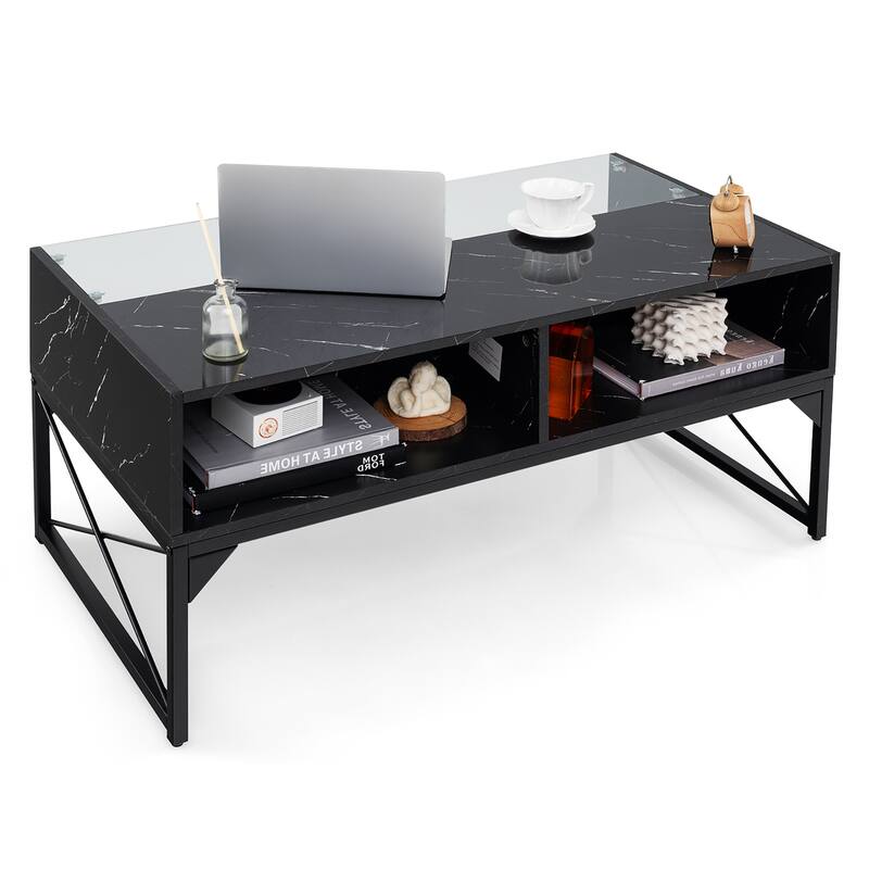 Gymax High-gloss LED Coffee Table w/ Faux Marble & Tempered Glass Top - Black
