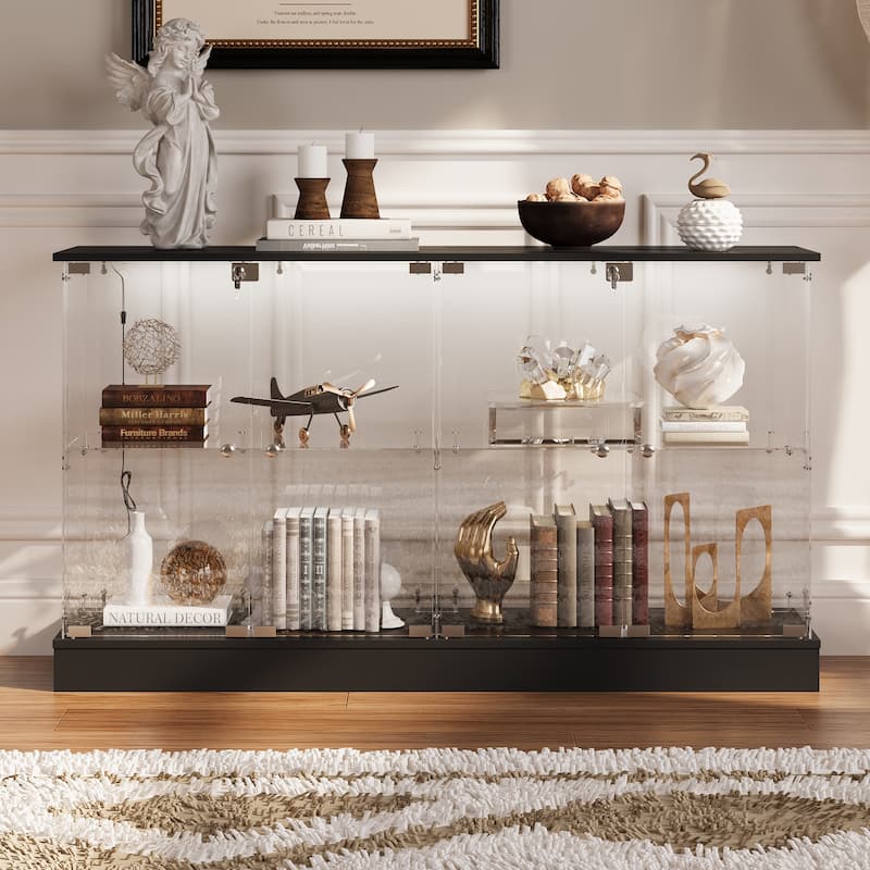 Black Bookcase Glass Display Cabinet with LED Lights, Modern Storage Showcase for Bags, Shoes, Liquor & Collectibles