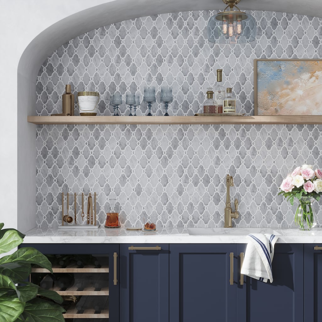 Apollo tile 11 x 13 Elysian Polished Soft Gray White Carrrara, Thassos Marble Tile (4.85 sq ft/case) - 5 Pack
