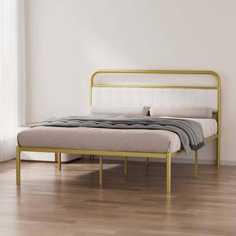Queen Platform Bed with Padded Headboard, Gold Metal Frame, No Box Spring Needed - Beige+Gold