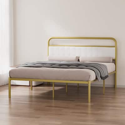 Queen Size Metal Platform Bed Frame with Upholstered Headboard Cushion, Gold Frame