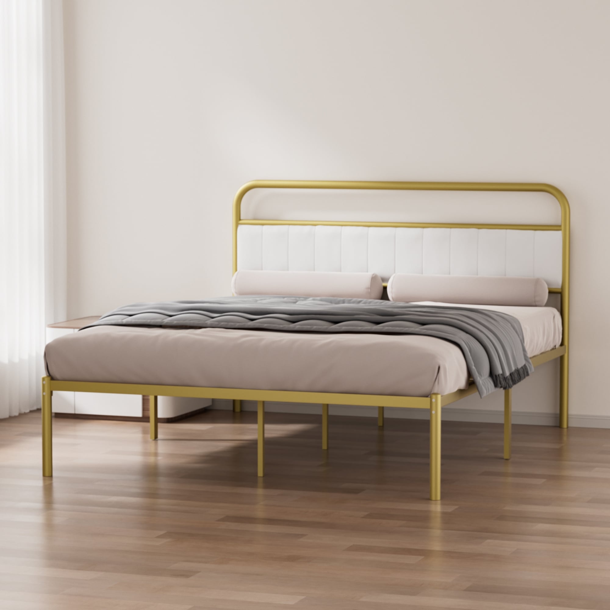 Queen-Size Metal Steel Platform Bed Frame with Durable Upholstered Headboard