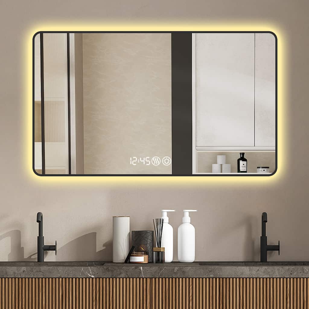 48"x32" wall mirror with rounded corners vanity mirror, temperature display, tri color light, defogging - Black