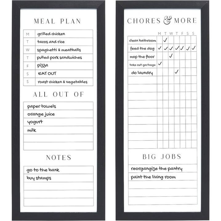 Sheffield Home Set of Two Family Planner Dry Erase Boards Featuring, Shopping List, Weekly Meal Planner and Notes, 9x21 Inch - Black