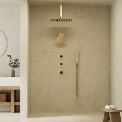 GRANDJOY Thermostatic Shower Faucet Set 12" Ceiling and 6" Wall Mount Rainfall Dual Shower Heads with Handheld Spray Combo