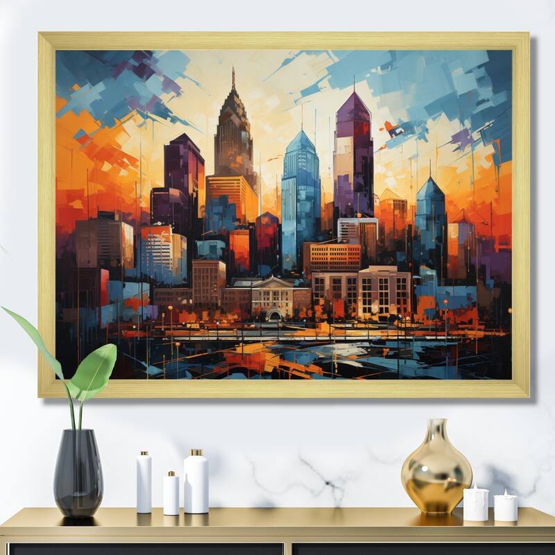 Designart "City Charlotte Collage IV" Charlotte Framed Canvas Prints - Gold - 32 in. wide x 16 in. high
