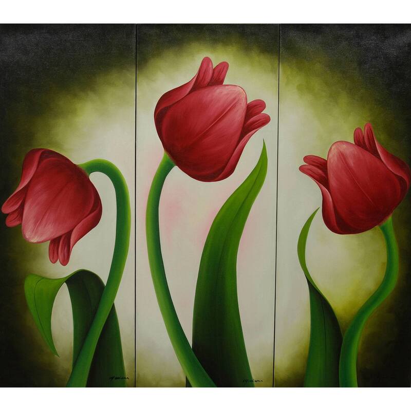 NOVICA Handmade "Red Tulips" Canvas Triptych Original Art (Mexico)