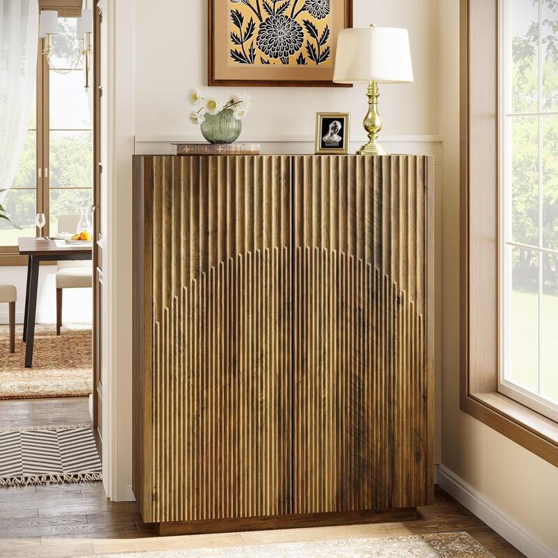 7-Tier Shoe Cabinet with Fluted Doors, 24 Pairs Farmhouse Wooden Shoe Storage Organizer with Adjustable Shelves