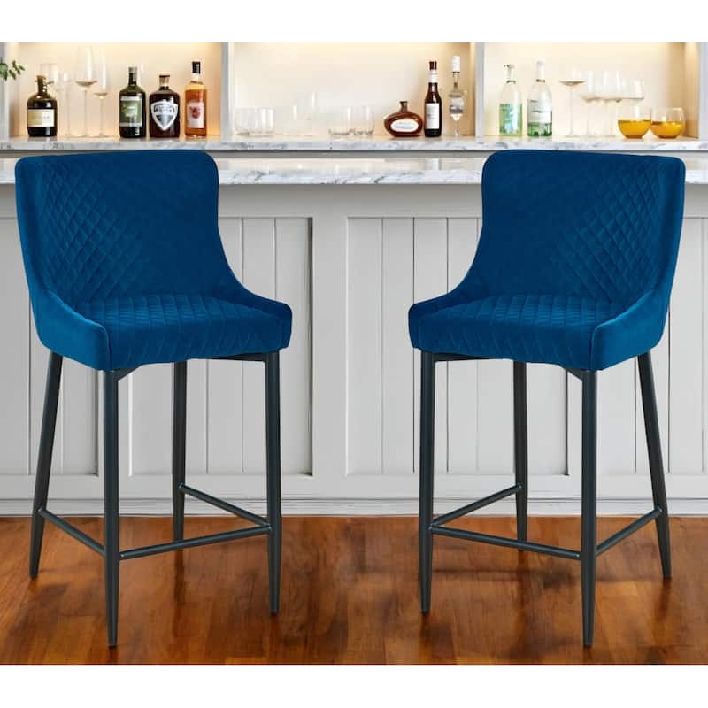 HomeRoots Set of Two 30" Blue and Black Velvet and Metal Low Back Bar Height Bar Chairs - Bar Height - Set of 2 - Blue