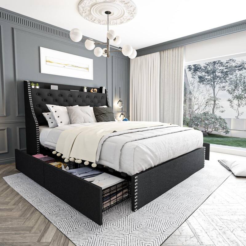 Bed Frame with 4 Storage Drawers and Headboard