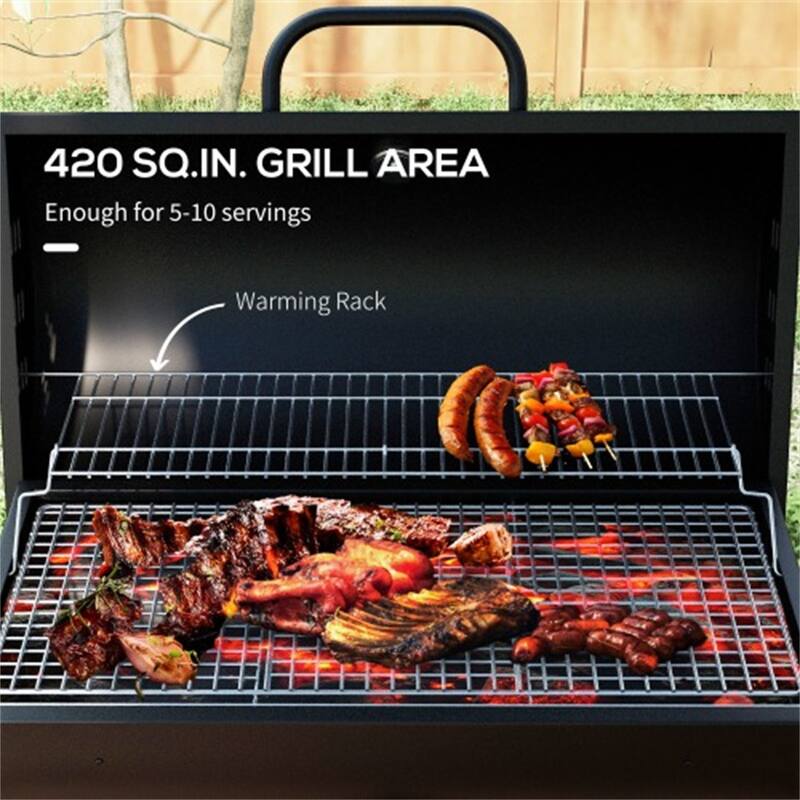 Charcoal BBQ Grill with Warming Rack Removable Middle Grate Thermometer Air Vents Wheels Steel Outdoor Barbecue