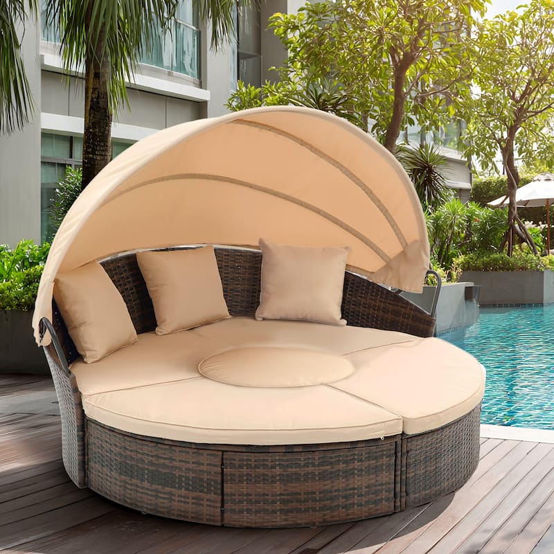 4 Piece Patio Round Rattan Daybed w/Adjustable Sun Canopy, Outdoor Sofa Bed with lift coffee table