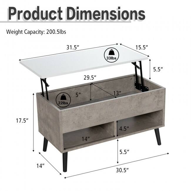 31.5 Inch Lift Top Coffee Table with Hidden Compartment and 2 Storage Shelves - 31.5" x 15.5" x 17.5" (L x W x H)