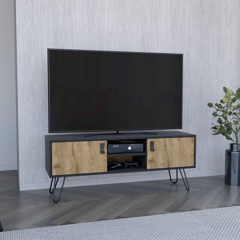 Huna TV stand Dual-Tone With Two Cabinets and Shelves - Black / Macadamia