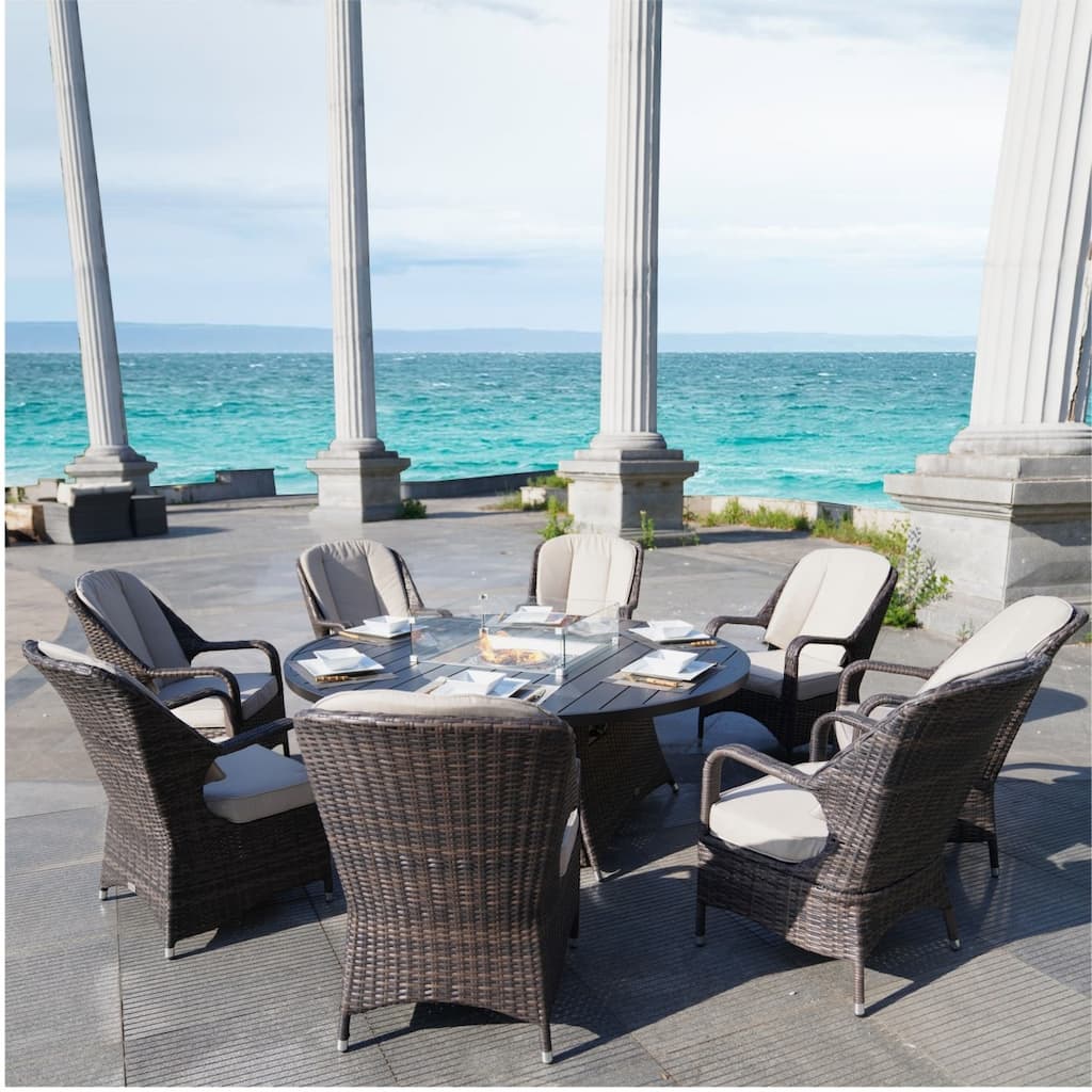 9 Pieces Outdoor Wicker Gas Fire Pit Dining Set Round Table with Chairs
