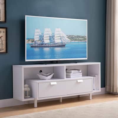 60" TV Stand with Two Shelves and Two Drawers in White - 25.25"H x 60"W x 13.5"D