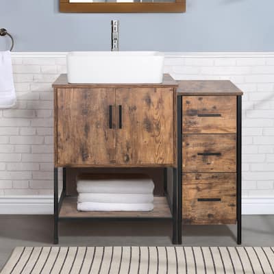 36" Bathroom Vanity Set Organizer Top Vessel Sink W/ Faucet Drain Cabinet Combo
