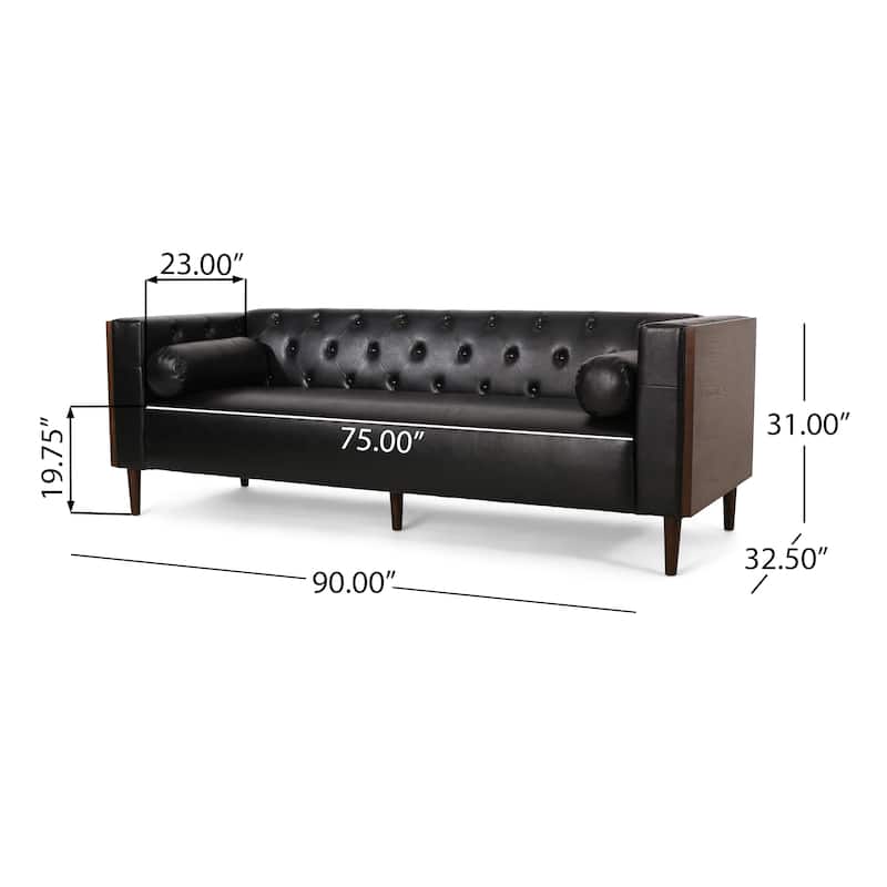 Black Faux Leather Button Tufted 3-seater Sofa with Birch Wood Legs