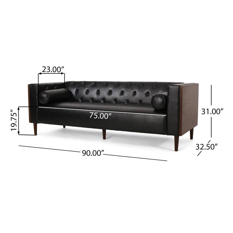 Faux Leather Button Tufted 3-seater Sofa with Birch Wood Legs