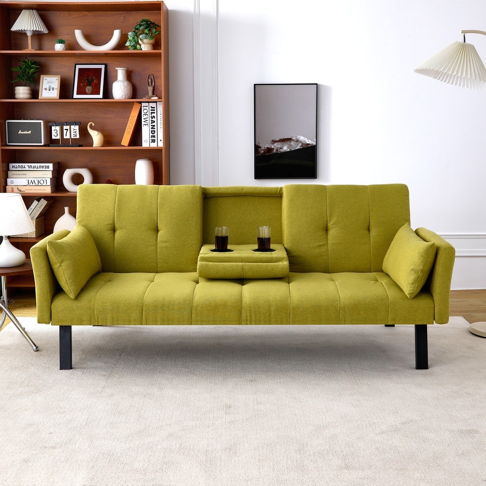 Cotton Linen Fabric Loveseat Sofa Sleeper Sofa Bed for Small Space with Center Table, Cup Holders, Pillows and Side Pockets