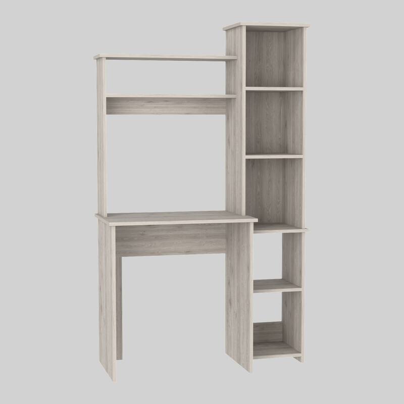 Compact Computer Desk with Hutch, Bookcase, and Spacious Workspace for Home Offices - Light Grey