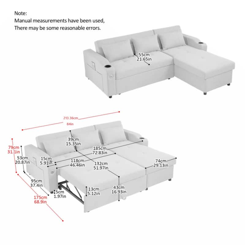 84"Adjustable Backrest Sofa Bed,3 in 1 Linen Sleeper with USB Ports & Cup Holders, Pull Out Couch Bed with Storage Chaise