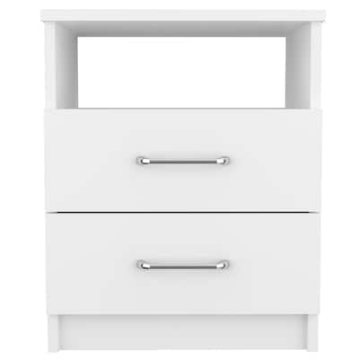 Palma Nightstand, White - Modern Bedside Table with Two Drawers and Open Shelf Organizer