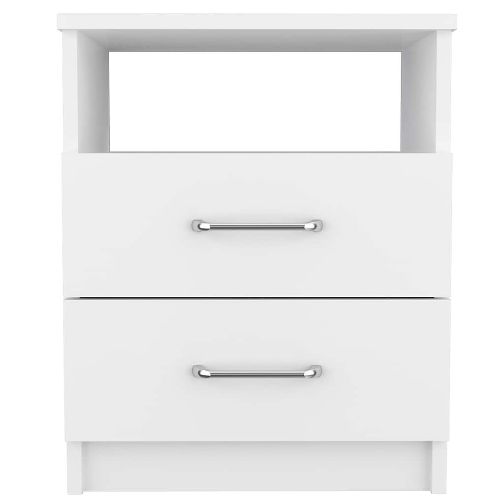 Palma Nightstand, White - Modern Bedside Table with Two Drawers and Open Shelf Organizer