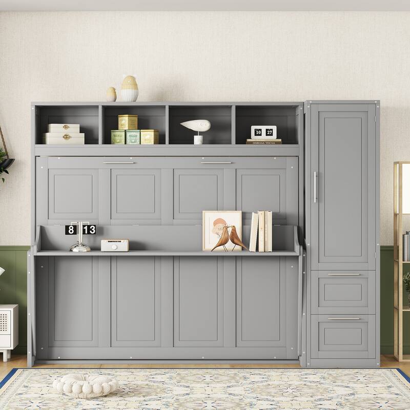 Murphy Bed with The Built-in top Shelf,Closet and Two Storage Drawers for Bedroom