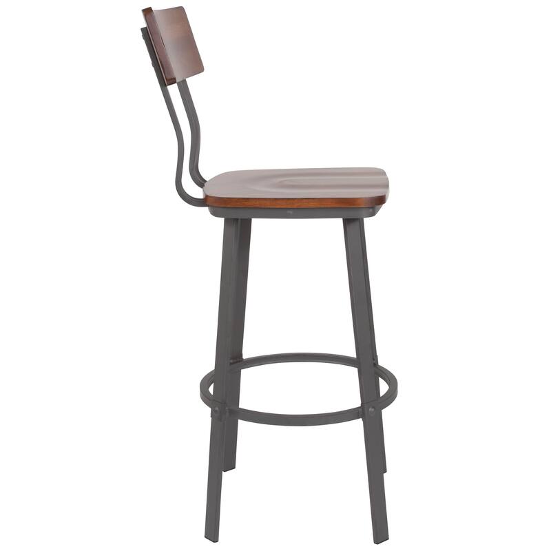 Rustic Walnut Restaurant Barstool with Wood Seat & Back & Gray Powder Coat Frame - 16.25"W x 22.75"D x 45"H