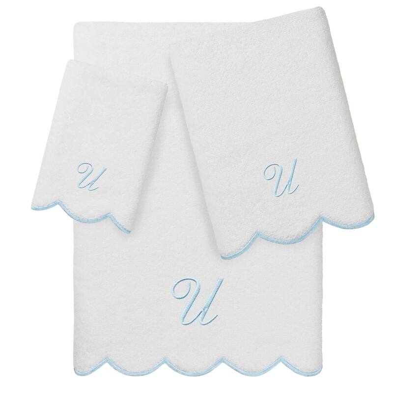 Authentic Hotel and Spa 100% Turkish Cotton Blue ADORNIA Scallop Personalized 3 Piece Towel Set - 3 Piece Set - U