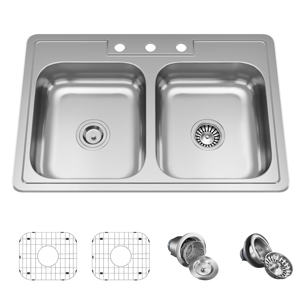 20 Gauge Double Bowl Stainless Steel Kitchen Sink, Ensemble