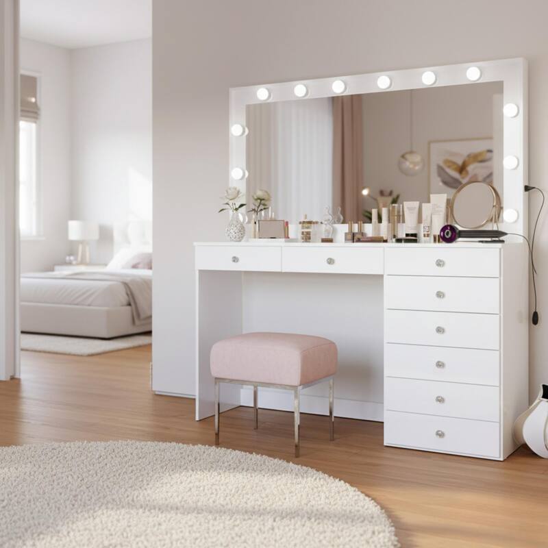 Boahaus Makeup Vanity Desk Glass Top 8 Drawers Crystal Knobs Lighted Mirror