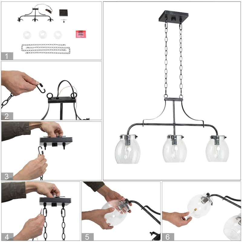 Modern Black 3-Light Linear Seeded Glass Chandelier Island Lights for Dining Room - L25"x W 5"x H 14"