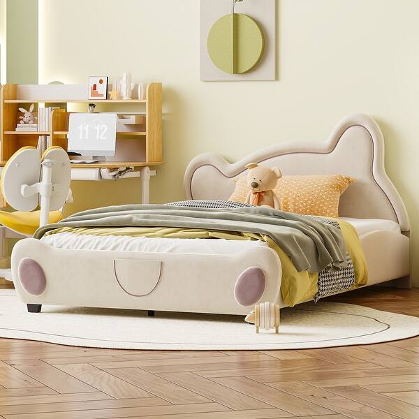 slide 2 of 54, Velvet Platform Bed with Bear-Shaped Headboard,with Bed-End Storage Pocket Beige - Full