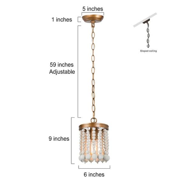 Coasa Boho Glam Mini 1-Light Gold Pendant Light White Wood Beads ...