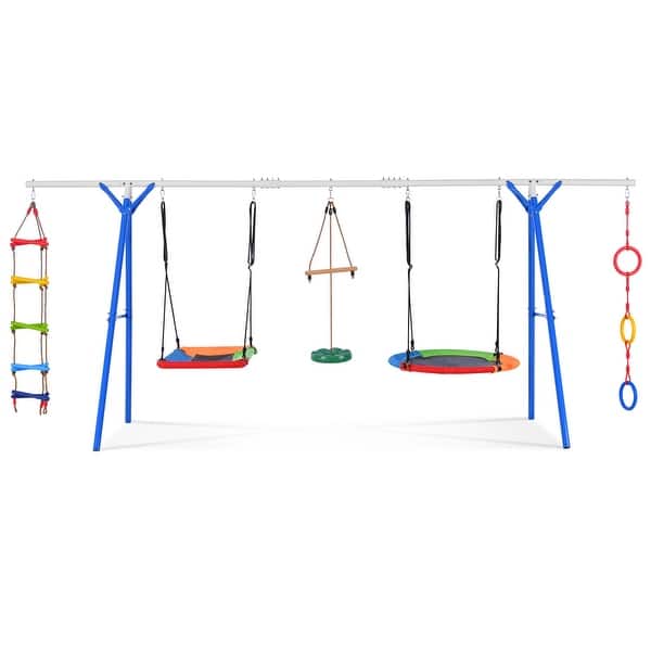 dimension image slide 1 of 2, 5 in 1 Steel Outdoor Backyard Toddler Swing Set with Climbing Ladder
