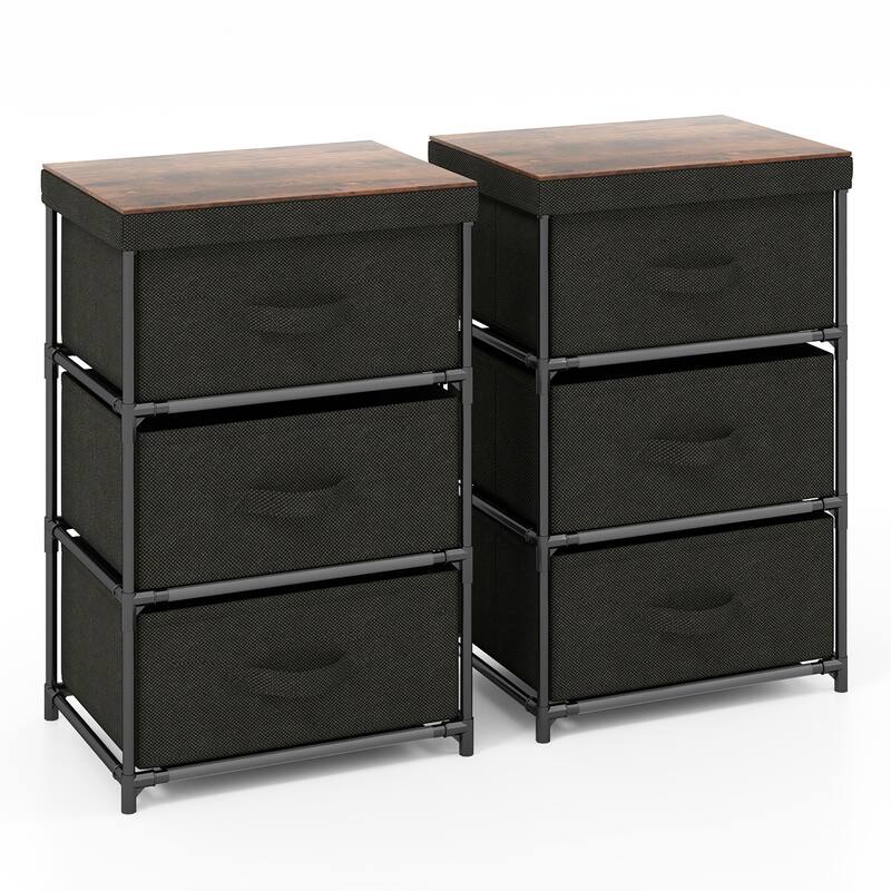 Gymax 2PCS Fabric Bedside Table 3 Drawers Nightstand Small Dresser
