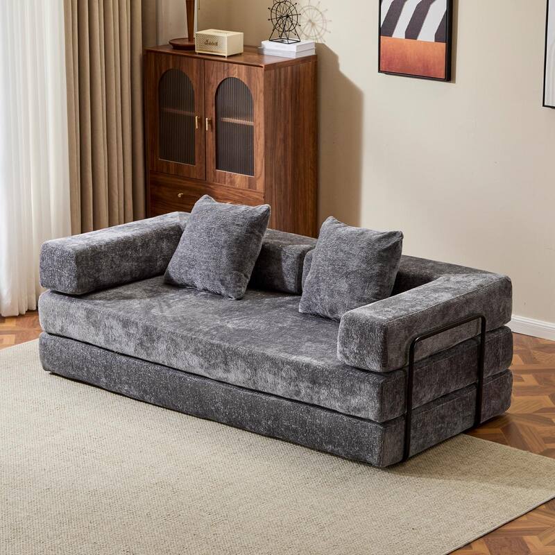 Chenille Floor Sleeper Sofa Bed Foldable Loveseat Couch Futon Sofa with Removable L-shaped Armrest and Movable Iron Frame
