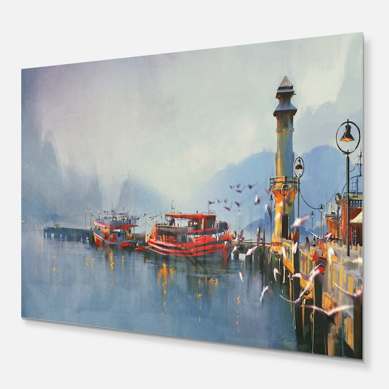 Designart 'Fishing Boats in Harbor' Landscape Metal Wall Art