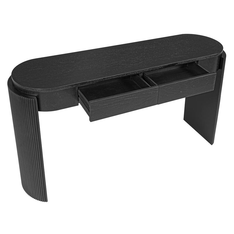 Entryway Table with Natural Wood Grain Finish, Console Table with Fluted Design, Oval Top and 2 Drawers