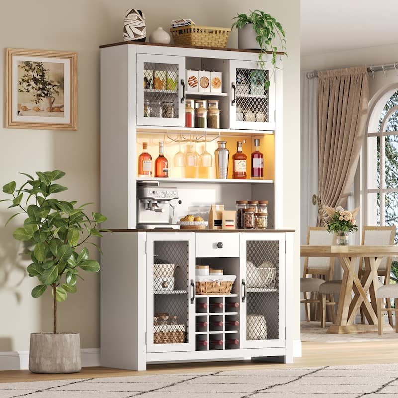 Anmytek 70.9 Inch White Kitchen Pantry Storage Cabinet Rustic Buffet with LED Outlets Wine Rack