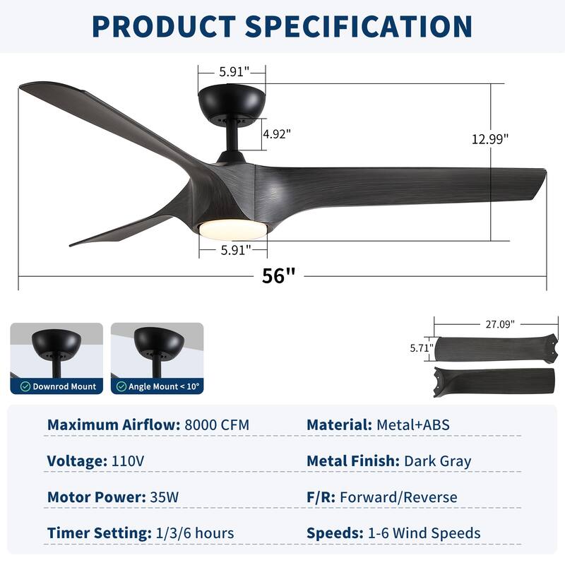 56" Modern Farmhouse Reversible Quiet Motor Ceiling Fan Light with Dark Gray ABS Blades