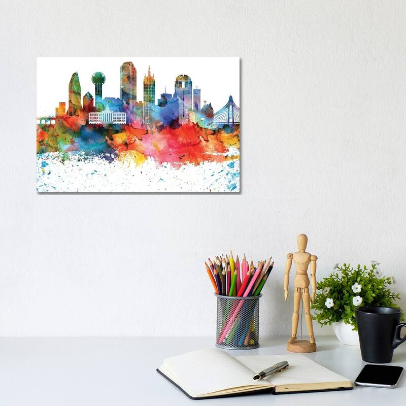 iCanvas "Dallas Colorful Watercolor Skyline" by WallDecorAddict Canvas Print - 8x12x0.75