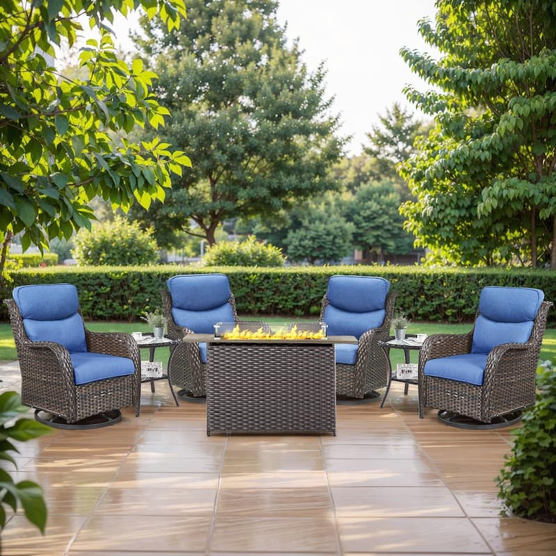 Pocassy Outdoor Swivel Chairs Patio Furniture Set - Brown Rattan - Blue Cushion - 7PCS Swivel Chair Table w/ Rectangular Fire Table