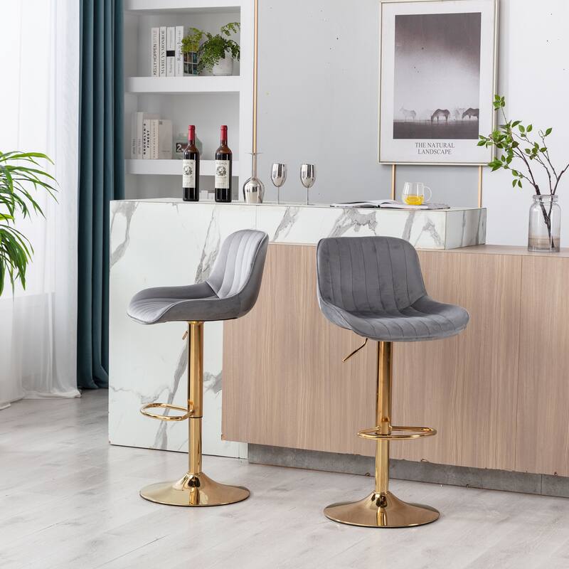 2 Velvet Bar Stools with Chrome Footrest and Base Swivel Height Adjustable - N/A