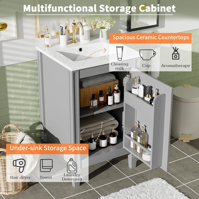 20" Bathroom Vanity with Ceramic Sink, Soft-Close Door, Adjustable U-Shaped Shelf, and Door-Mounted Storage Rack