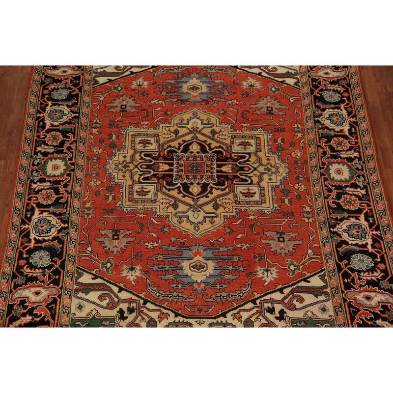 Geometric Heriz Serapi Indian Area Rug Handmade Orange Wool Carpet - 8'9"x 11'10"