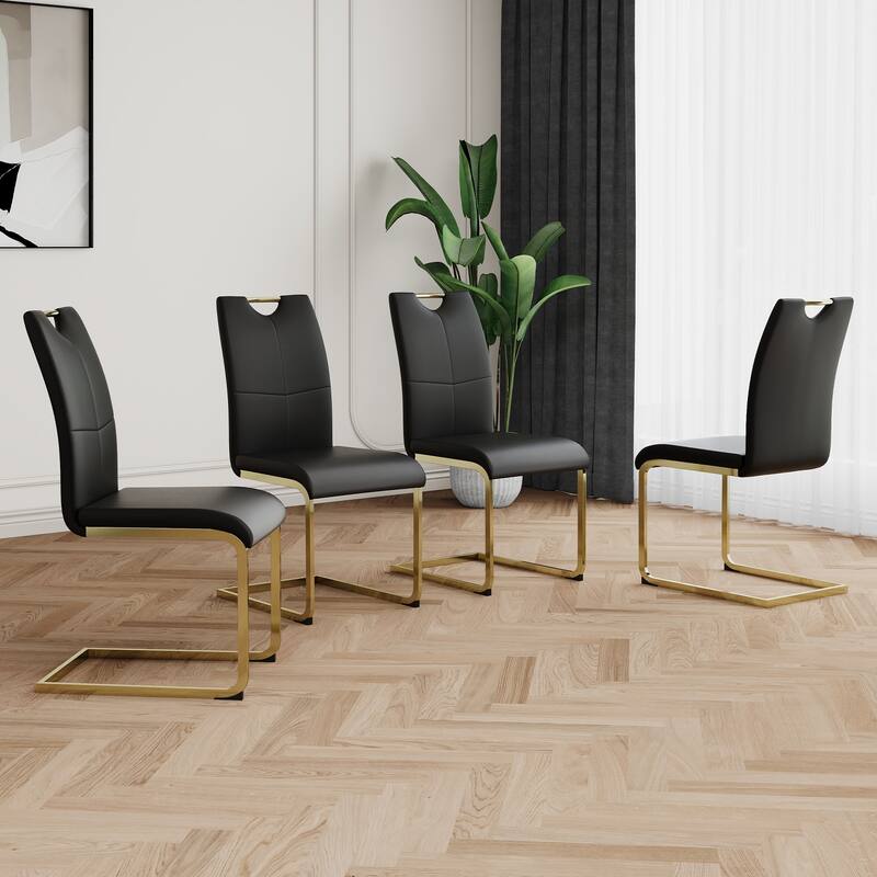 Modern Set of 4 Dining Chairs with Leather Cushioned Seat, Chrome Metal Legs, for Dining Room, Living Room, and Bedroom